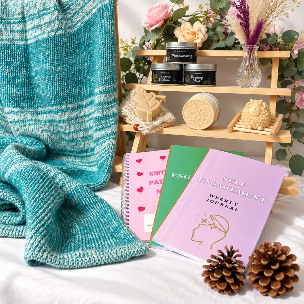 Spuggy Designs stall selection: knitted blankets, lanolin soaps, soy wax candles, and journals.