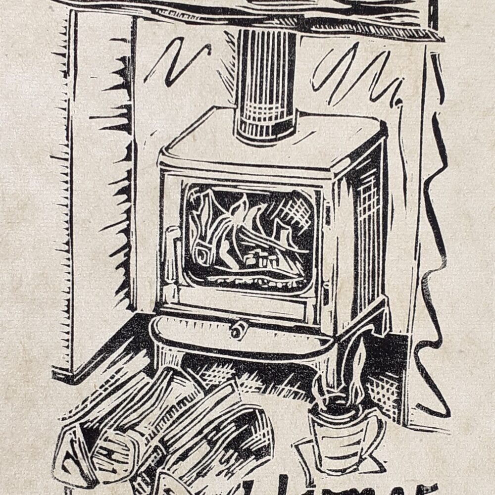 Mandy Benton Printmaker - 'Winter Warmer', Linocut Print. A small single block linocut print in black ink on a beautiful handmade Japanese paper. The print depicts a cosy scene with a wood burning stove and a steaming hot mug of drink.