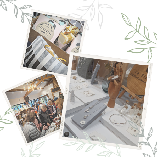 Collage image of artisan soaps, silver jewellery, and an action shot of Christmas market - Flourish & Forb Artisan Market