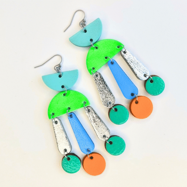 Green, Blue, Orange and Silver Dangly Earrings