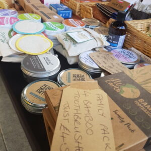 Hull Vegan Market - Close up of eco friendly plastic free zero waste personal care items on Dash Vegan's stall Rainbow Monkey Events
