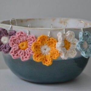 Little Smidge of Happiness crochet flower earrings in various colours