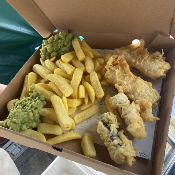 Battered sausage, chips and mushy peas in a box. All vegan!- Chesterfield Vegan Market