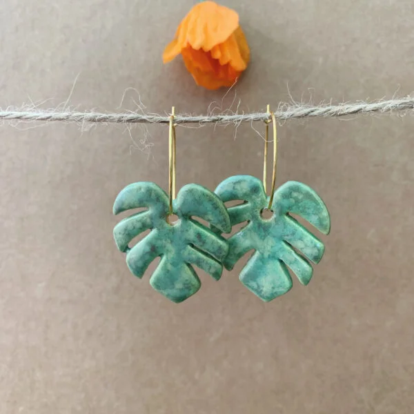 HALLO Ceramics Monstera Leaf Earrings in our Ivy glaze