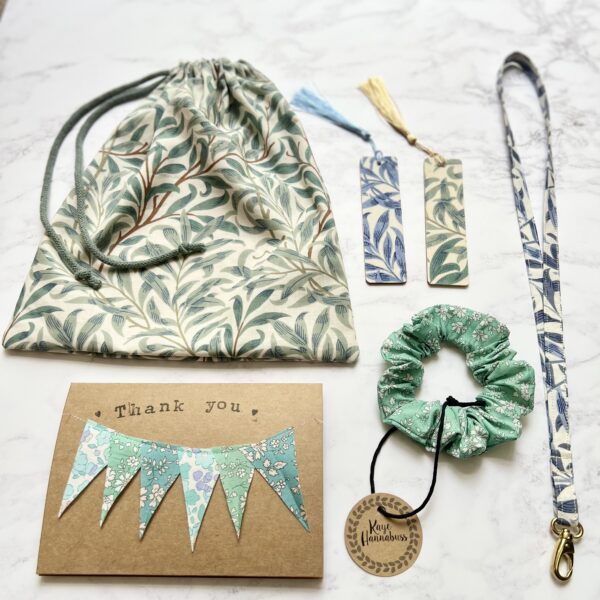 A selection Of teacher Thank you Gifts, Bookmarks, Lanyards, Thank you cards, hair accessories and a re usable Gift bag, all make from Liberty and William Morris prints