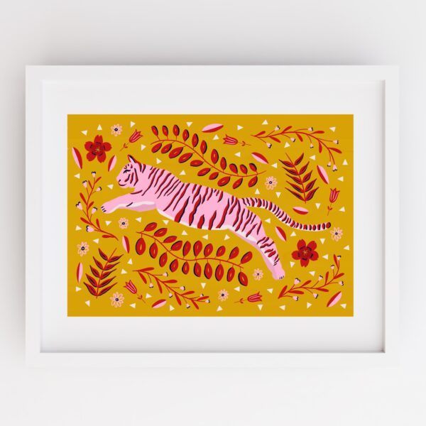 Yellow tiger art print in white frame