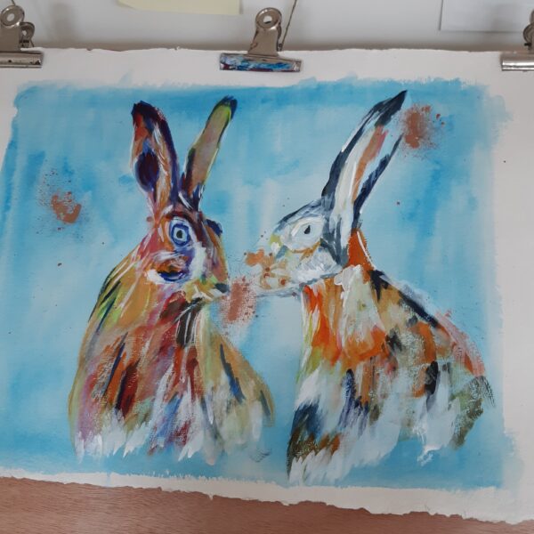 Bic Beaumont Art, behind the scenes, Taken during the painting process, layers of paint building up to create 2 hares