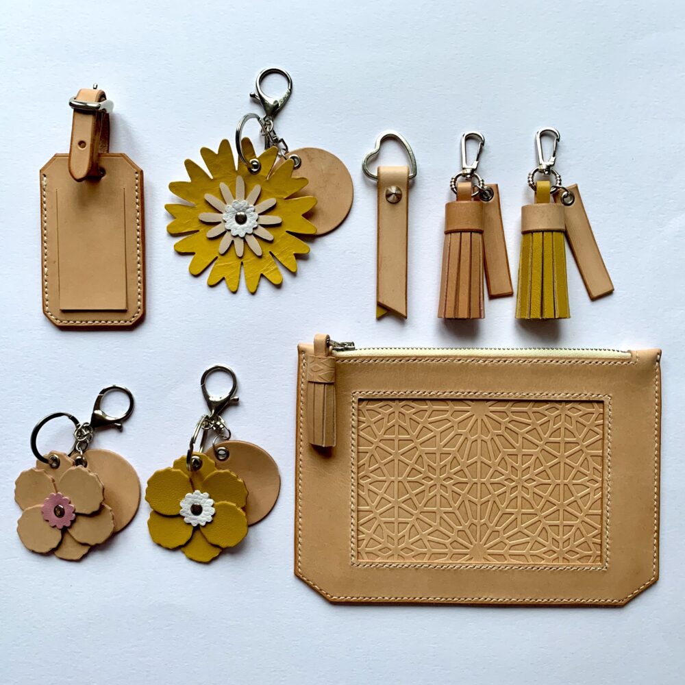 Laura Jessica Design, leather clutch, keyring, flower,