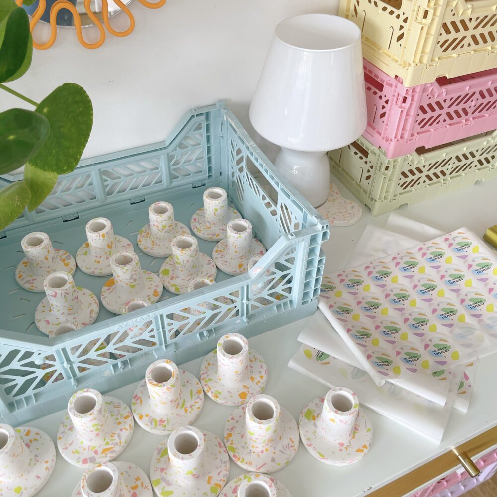 Em and the Terrazzo, candlestick holders