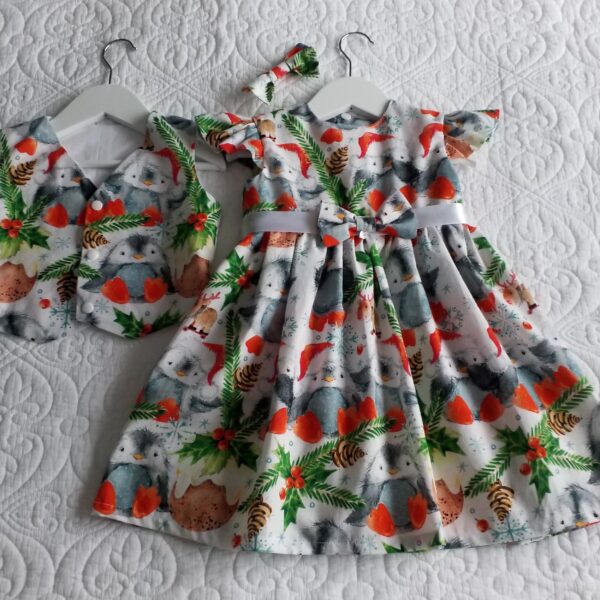 Dress with baby birds, Christmas puddings and holly, in sizes 12 months to 5 years, made by Audrey's Attic
