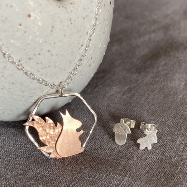 copper squirrel necklace silver acorn and oak leaf earrings