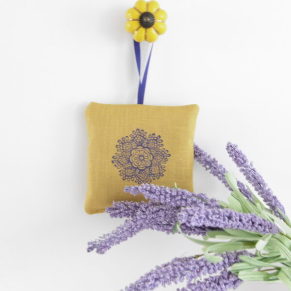 mustard lavender filled sachet hangable with a loop purple mandala design
