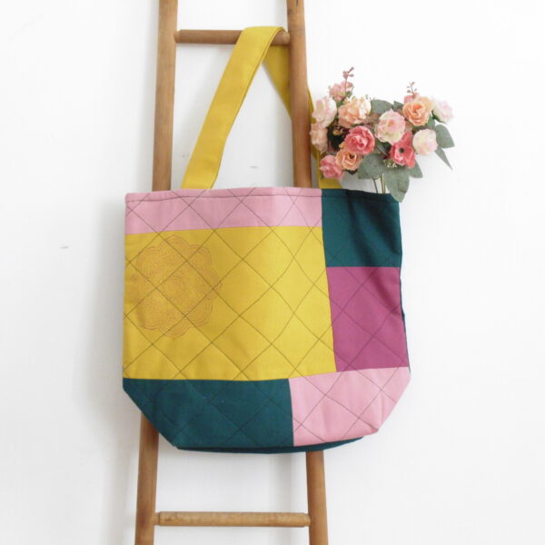 multi colour patchwork, quilted tote bag mandala design