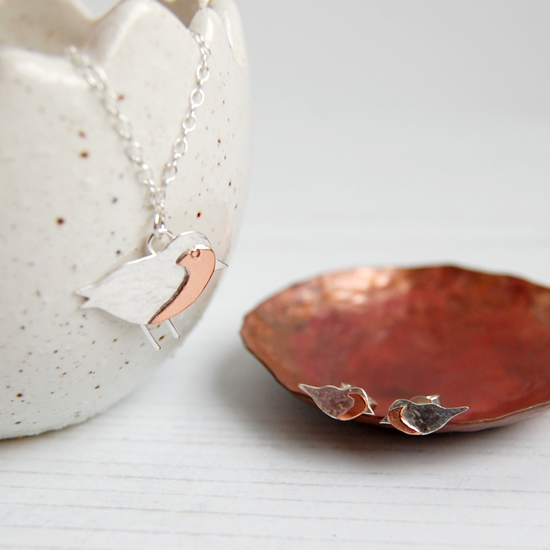 Silver and copper robin necklace and earrings by zoe ruth designs