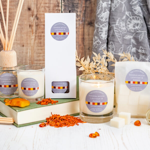 The Candle Bothy Sandalwood leather and amber scent products