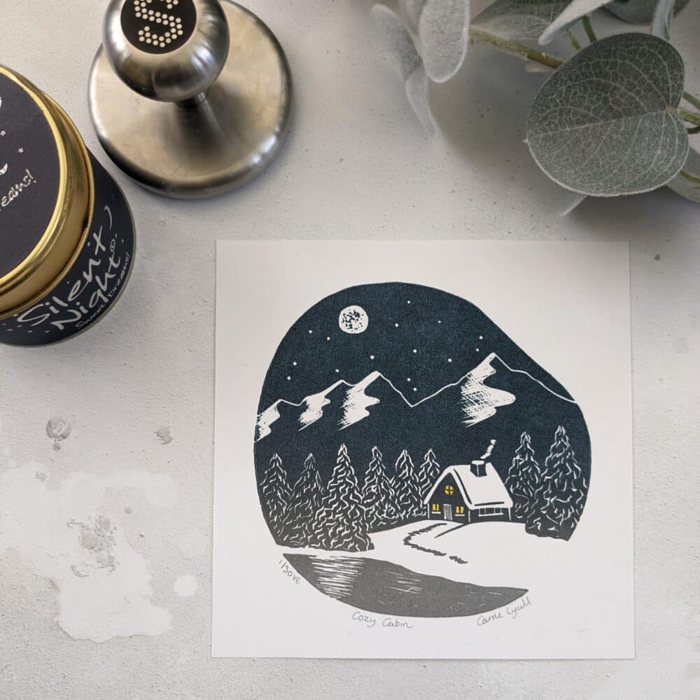 Carrie Lyall Printmaker cozy cabin linocut print