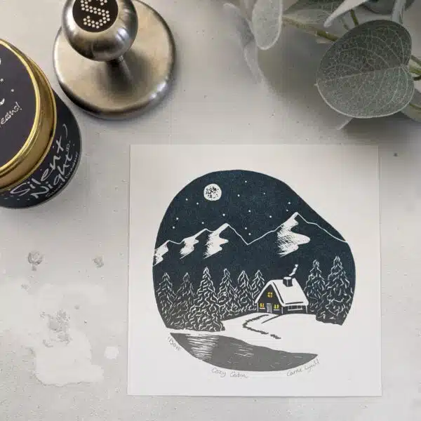 Carrie Lyall Printmaker cozy cabin linocut print