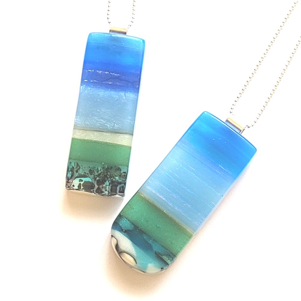 Flamingo fancies blues and greens rectangular glass necklaces