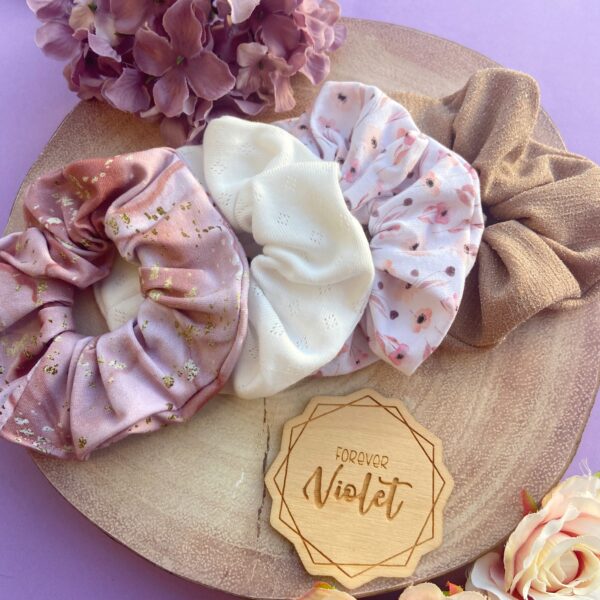 Four coordinating Scrunchies in dusky pink, cream and brown colour palette