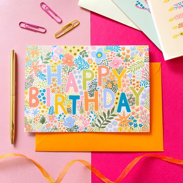 Ellie Cartlidge Design multi-coloured floral A5 birthday card with matching envelope