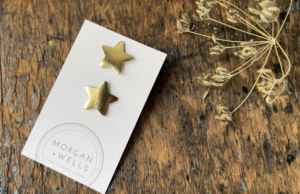 Morgan + Wells Star gold leather stud earrings, Pedddle