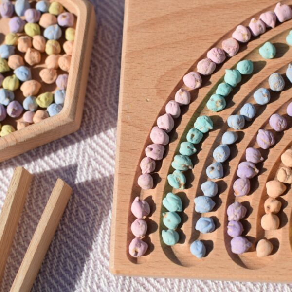 Little Ones, Rainbow Breathing board with paste coloured chickpeas