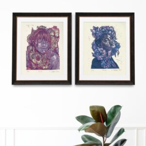 portraits in nature linocut print artworks displayed on white wall. minimalist boho home interior design