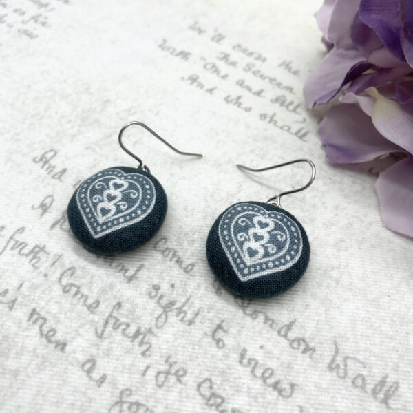 Scandi heart fabric button earrings by Bowerbird Jewellery