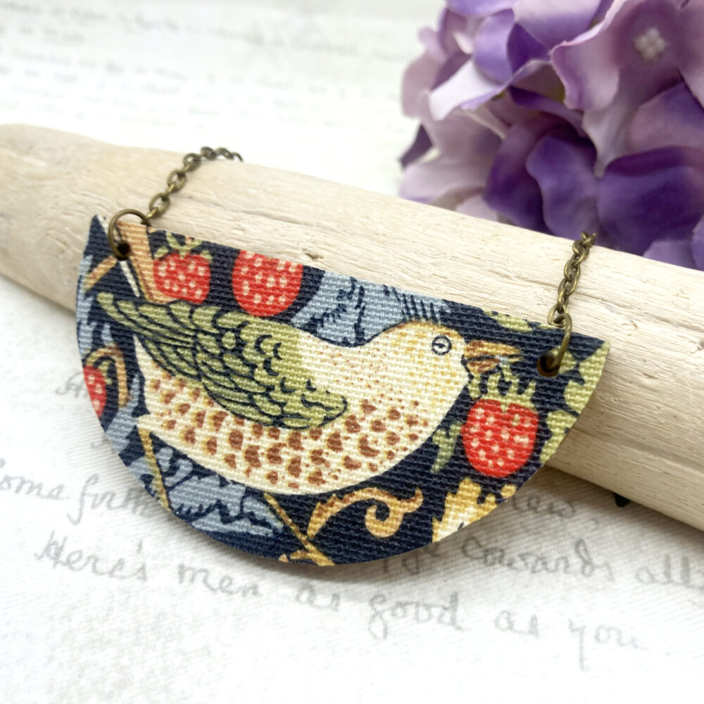 Strawberry thief necklace fabric wooden statement necklace by Bowerbird Jewellery