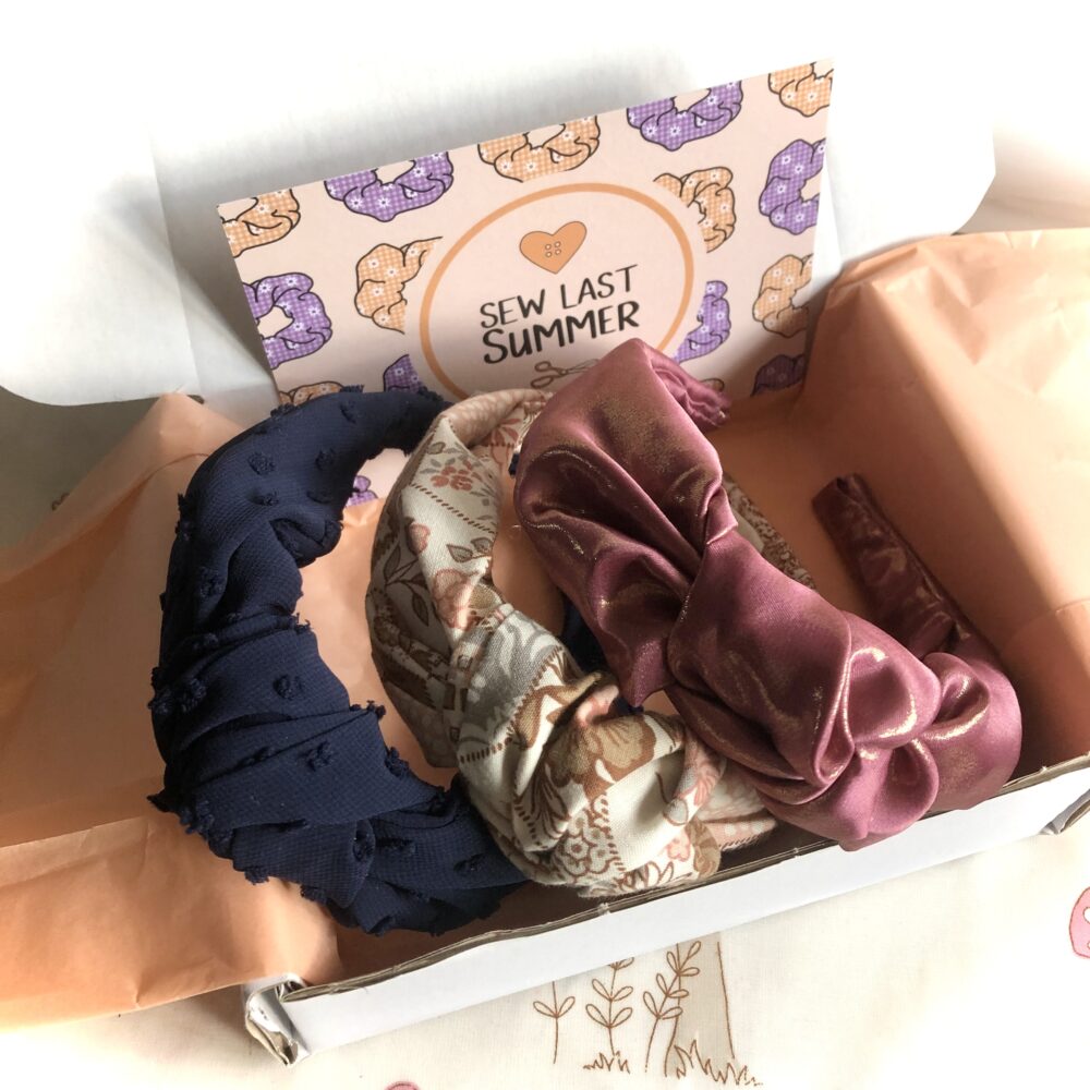 Sew Last Summer - 3 Handmade Slow Fashion Classic Knot Headbands in navy blue chiffon, neutral patchwork print and pink with gold shimmer