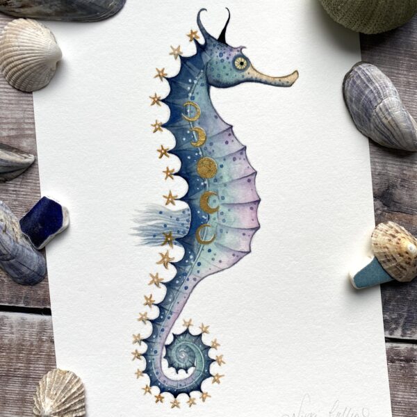 Just us merfolk print of a blue seahorse with moonphases