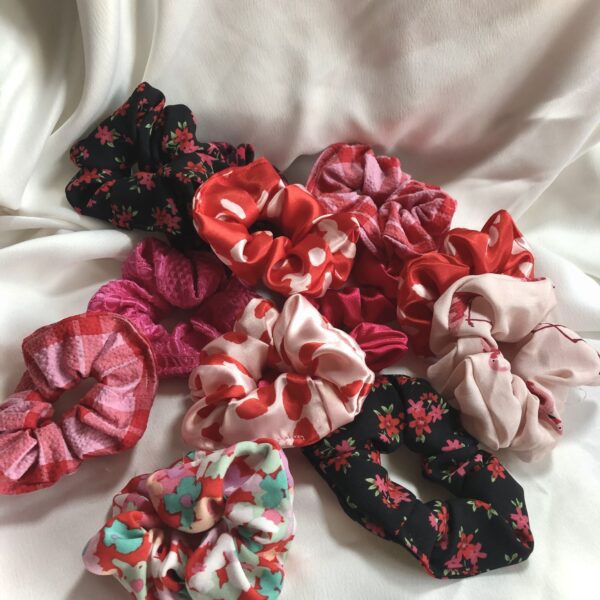 Sew Last Summer - Pink and Red themed hair scrunchies in various patterns and textures