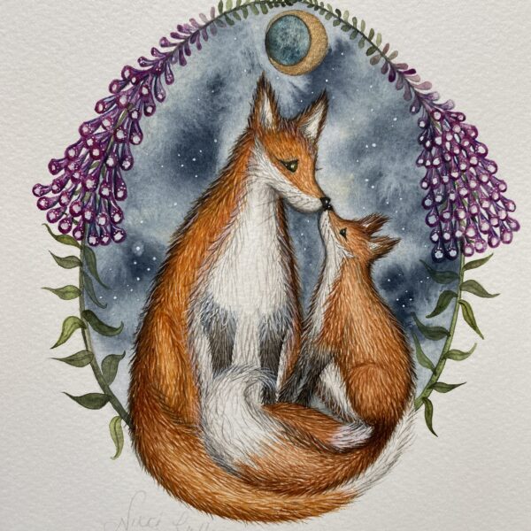 Just us merfolk watercolour fox and cub with moon and foxglove details