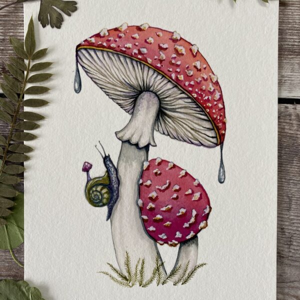 Just us merfolk two fly agaric mushrooms with a snail and mushroom