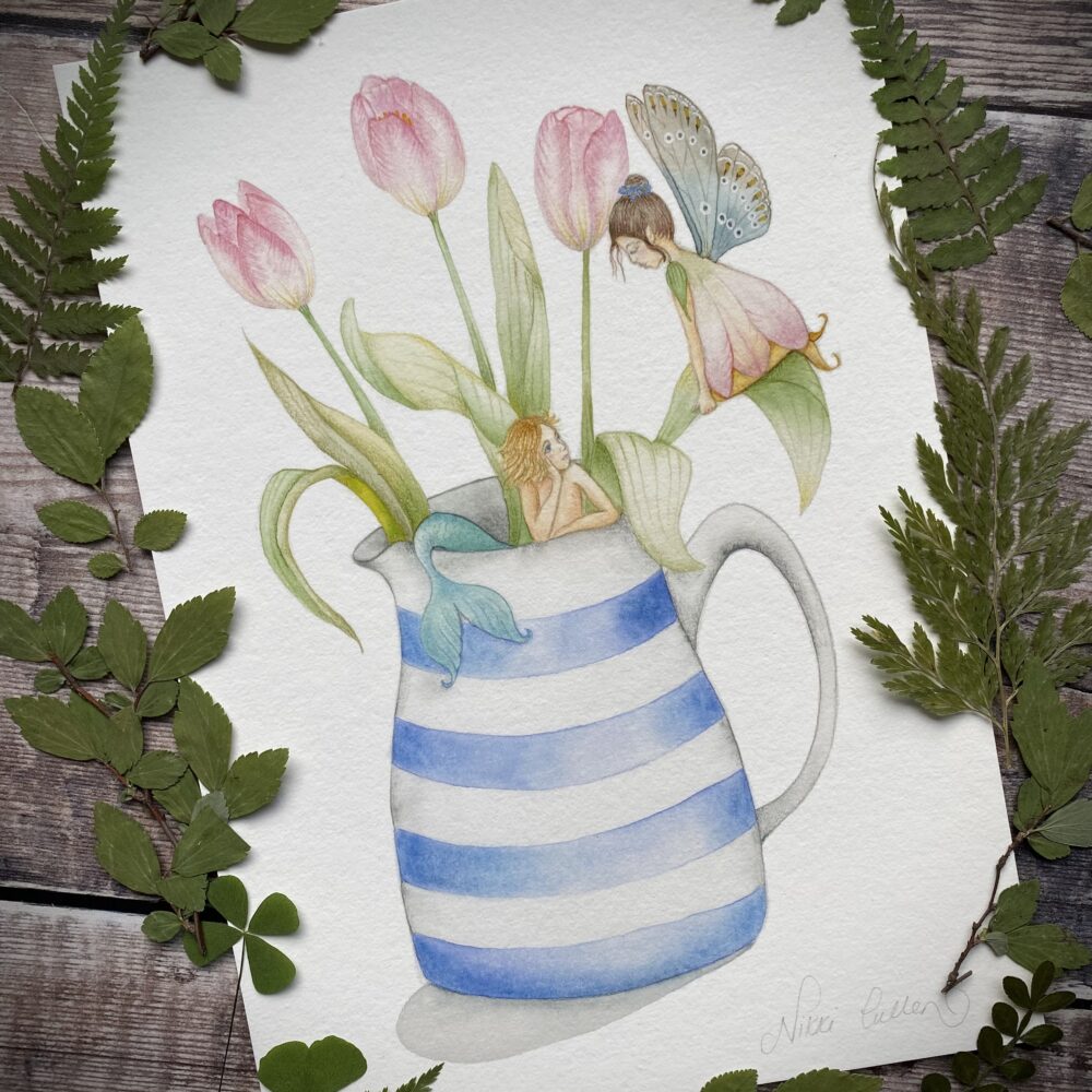 Just us merfolk a4 print of a merboy in a vase with tulips and a fairy
