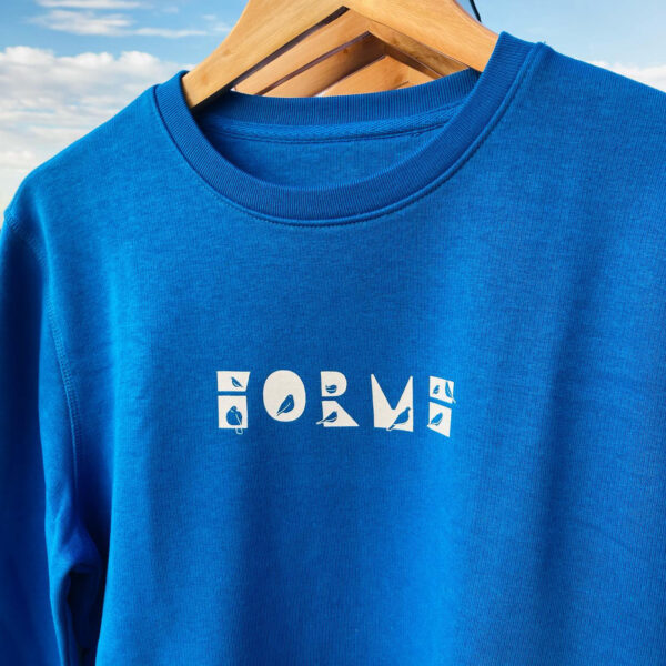 Royal blue sweater that features the Forme logo with different garden birds perched on the letters. Printed in white.