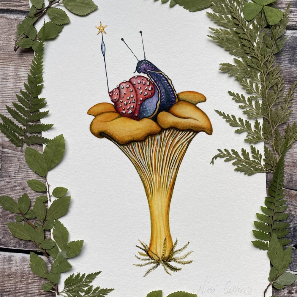 Just us merfolk a5 print of chanterelle mushroom and red snail with spots and a star.