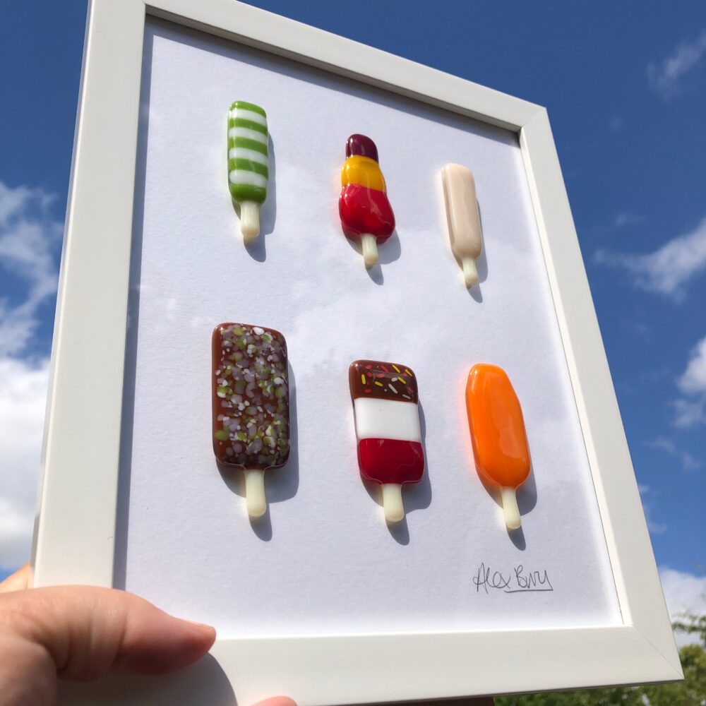 Fused glass colourful ice lolly framed panel by Heartwood Glass