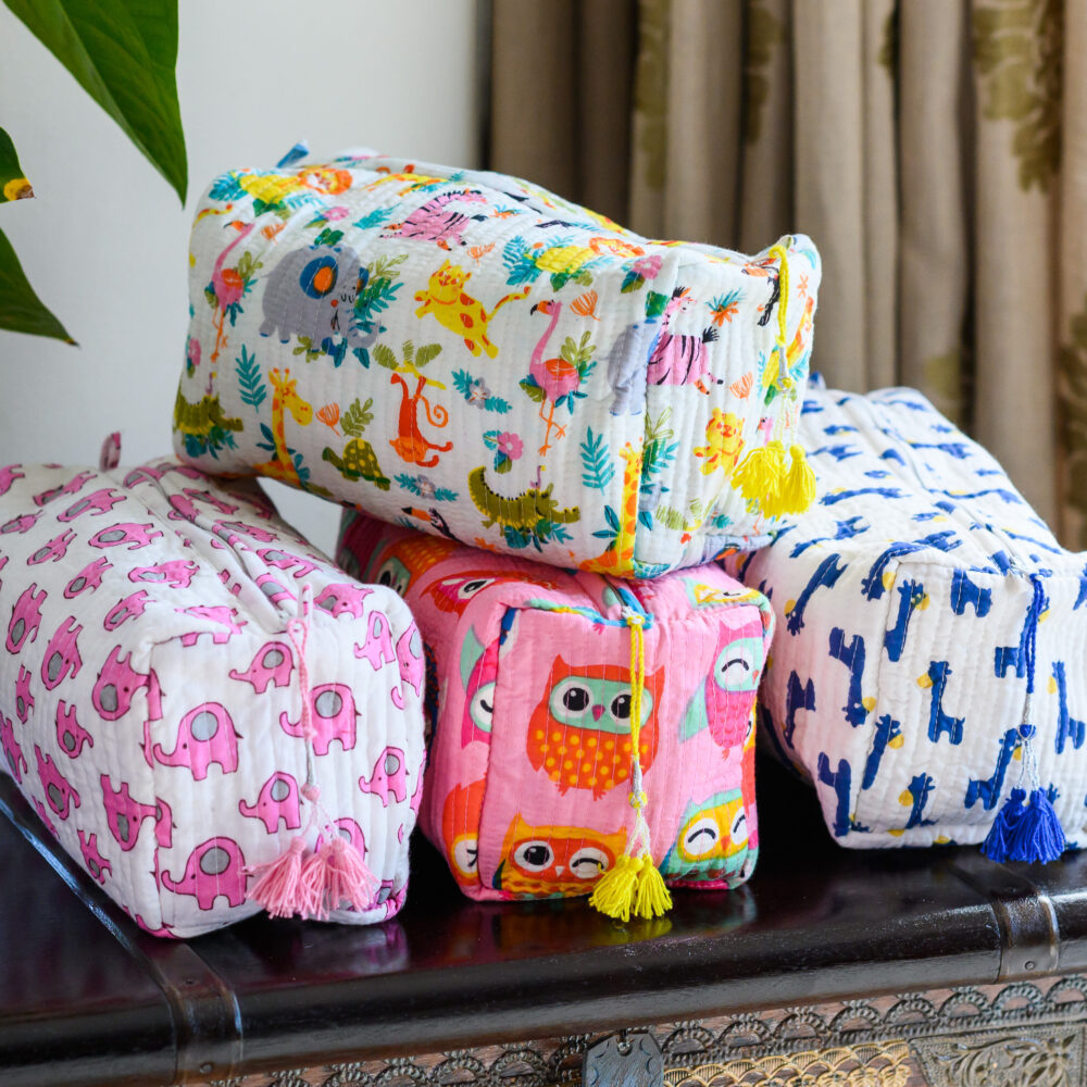 Block Print Quilted Cotton Washbag