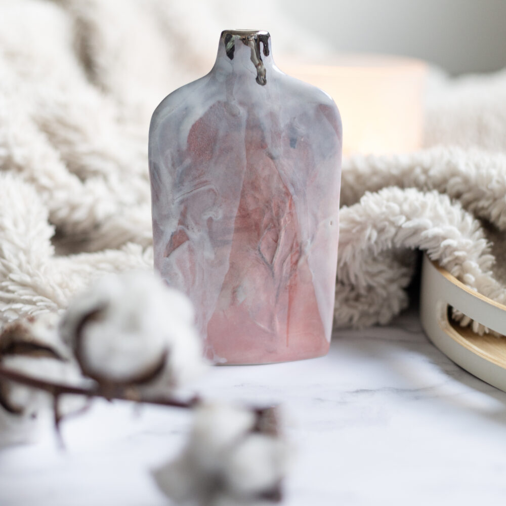Handmade porcelain Pink and white glazed tall flat bottle with platinum drip rim - Nicola Briggs Ceramics