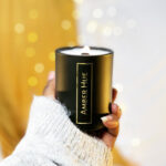 Amber Hue Candles, small double wood wick candle burning