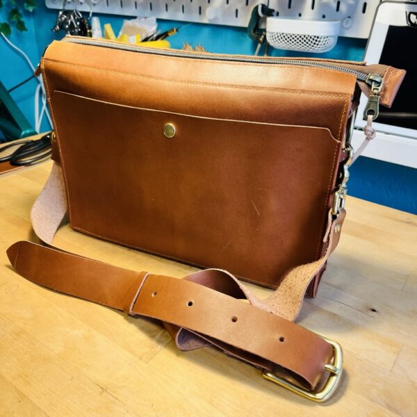 A brown leather handbag