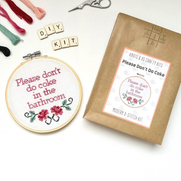 Knots & Xs Crafty Kits, DIY Cross-Stitch Kit with slogan 'Please Don't Do Coke in The Bathroom'