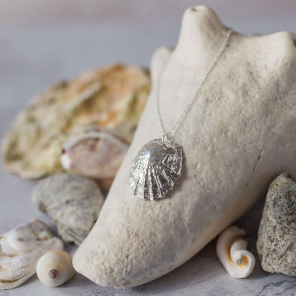 Large silver limpet shell necklace rests on cream conch shell