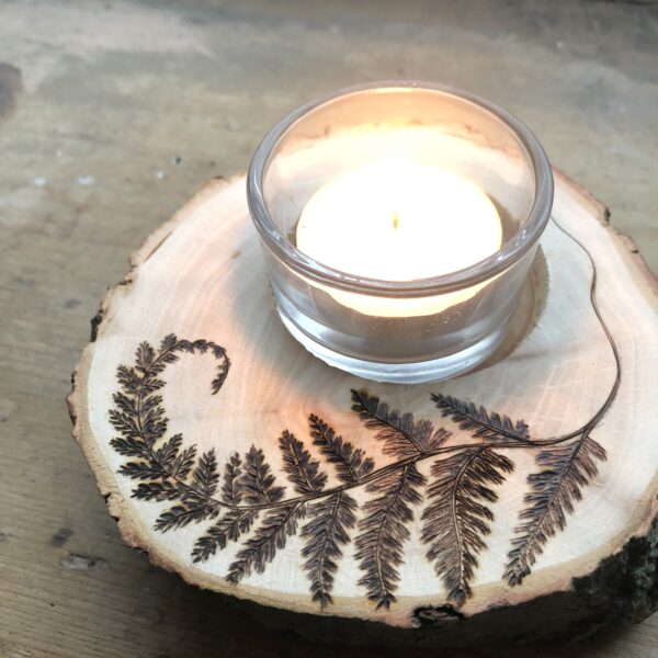 Fern on pine chunk wooden candle holder by Burnt Cookies