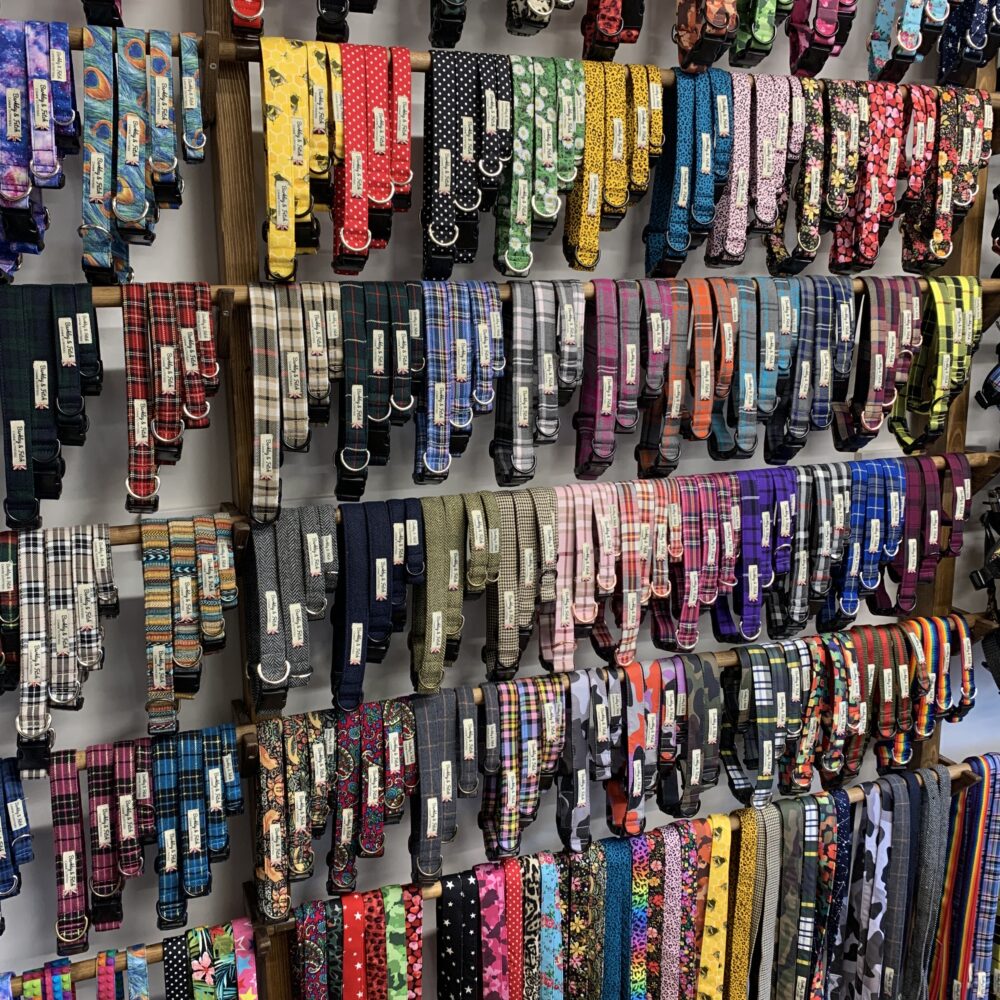 large selection of dog collars and leads