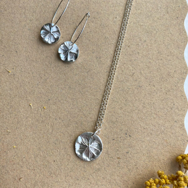 Achillea Jewellery, Flower Imprint pendant and petal hoop earrings
