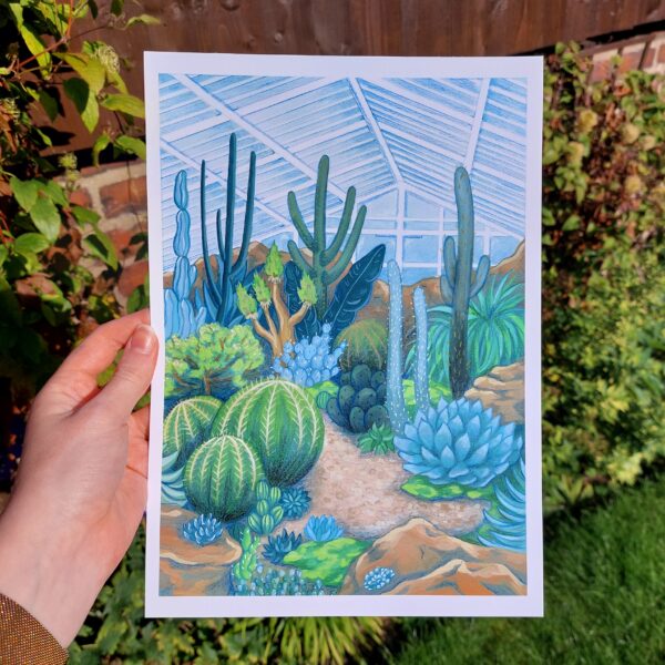 A print of a painting/Illustration of a colourful greenhouse filled with cacti, succulents and other exotic plants. Portrait A4 print. Green, blue and warm earth tones.