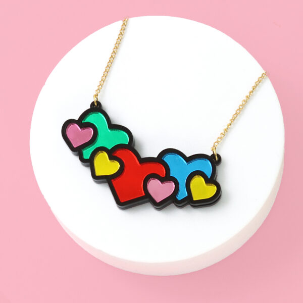 hearts necklace, mirror acrylic, acrylic necklace, colourful acrylic necklace