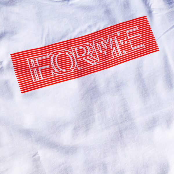 White t-shirt featuring a chest print of orange lines and the name Forme imprinted over the top